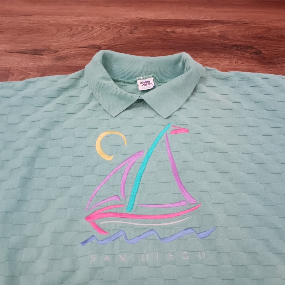 Vintage San Diego Sweatshirt Green Sailboat Collared 80s 90s‎ USA XL